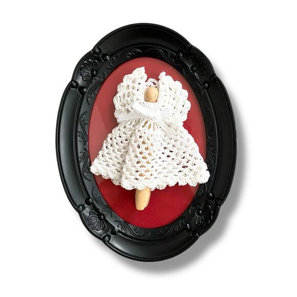 Handmade Close Pin Angel Artwork Crochet Dress Black Ornate Frame Unique - Picture 1 of 10